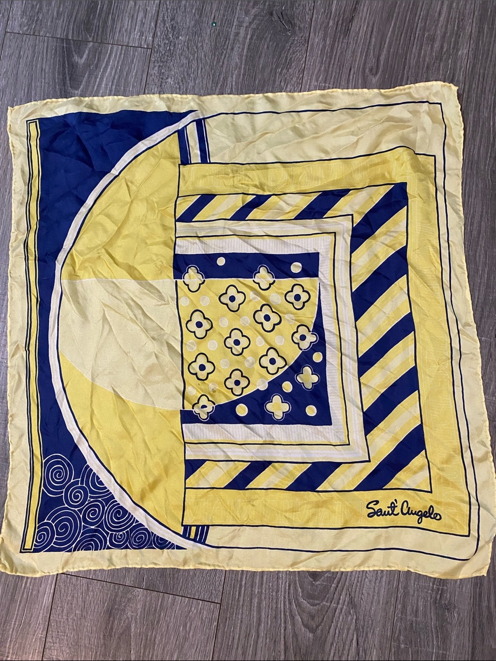 Giorgio Sant’ Angelo Yellow & Navy Geometric Flower Silk Scarf